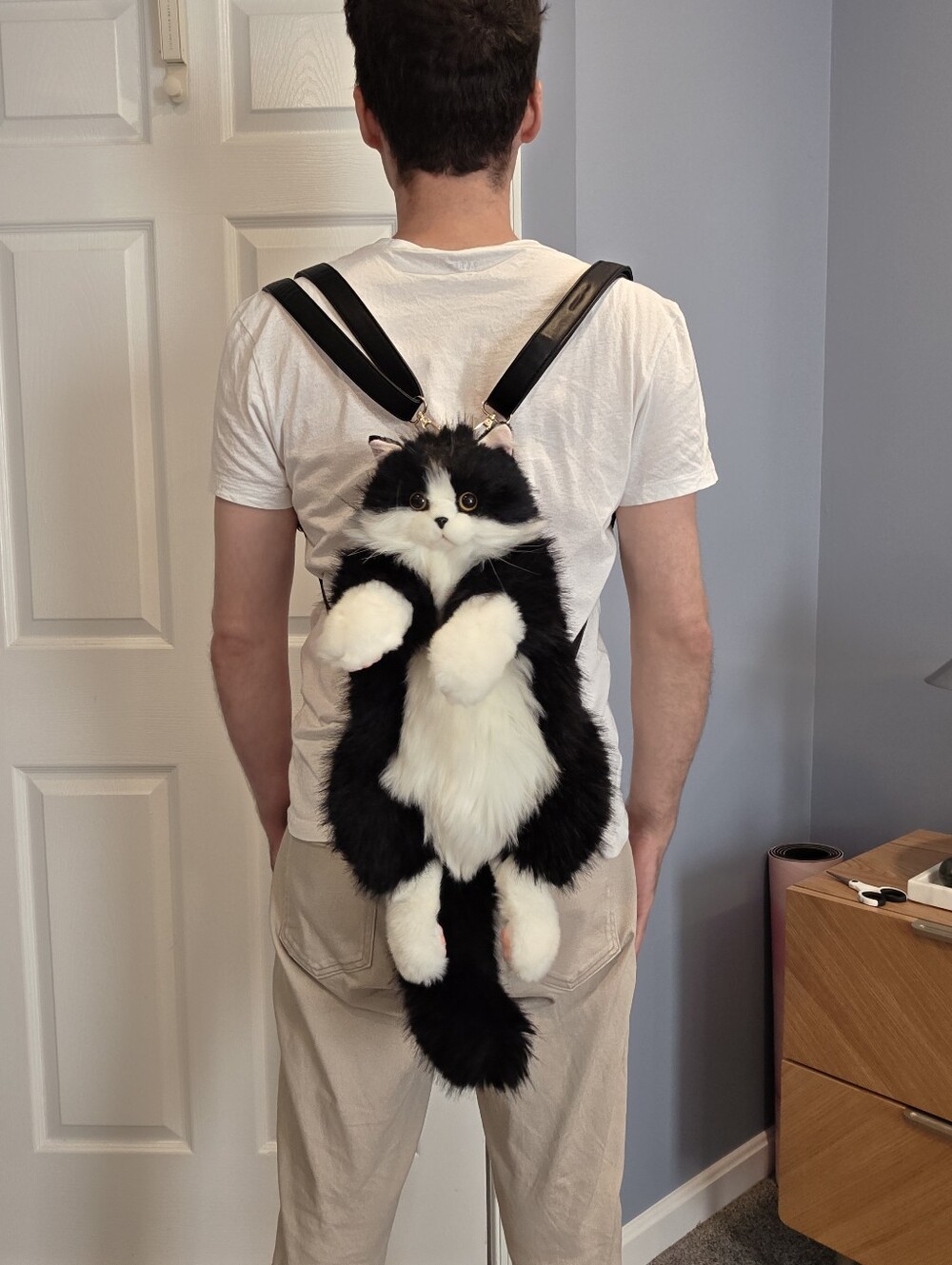 Chongker Realistic Black & White Tuxedo Cat Plush Backpack Bag - Kawaii